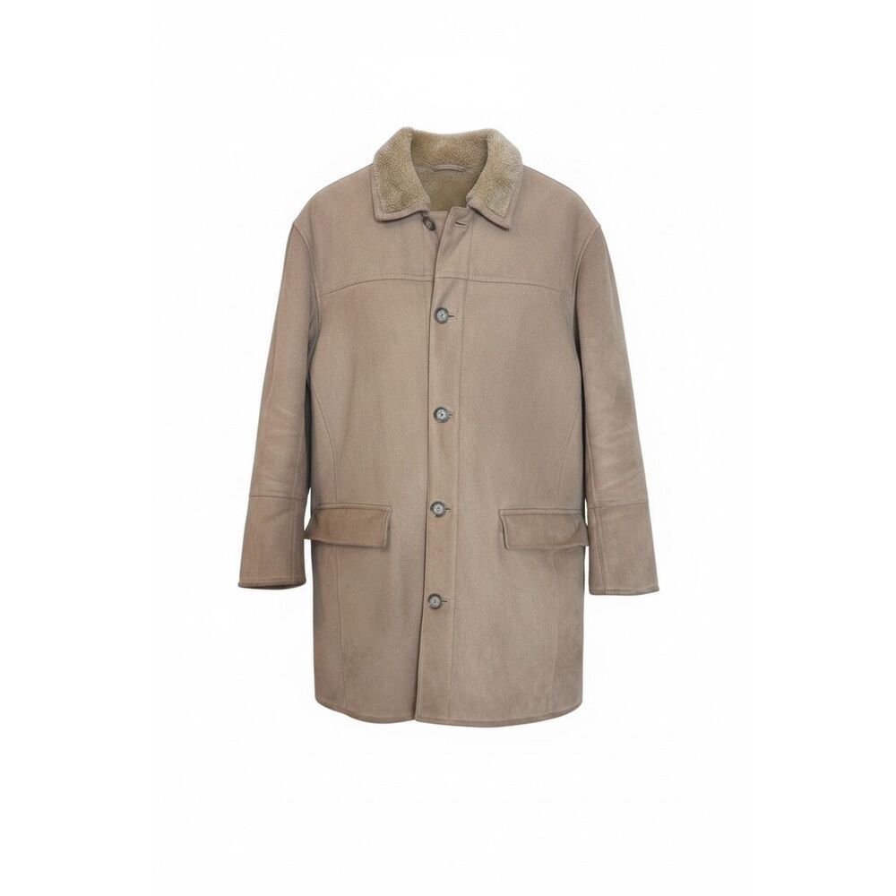 Claiborne Collared‎ Faux Suede Faux Fur Lined Button Front Jacket Beige Medium
